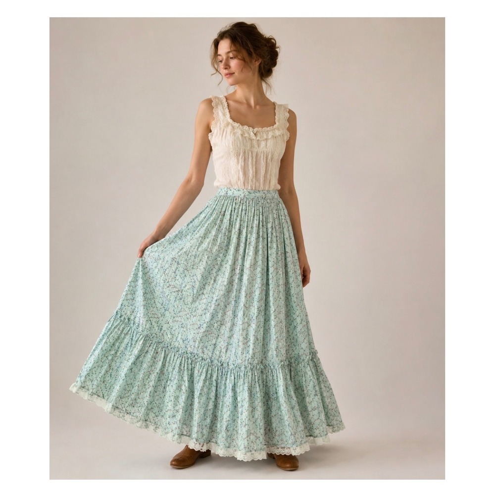 Vintage 70s Womens Floral Prairie Maxi Skirt Small Cottagecore Lace Blue Green